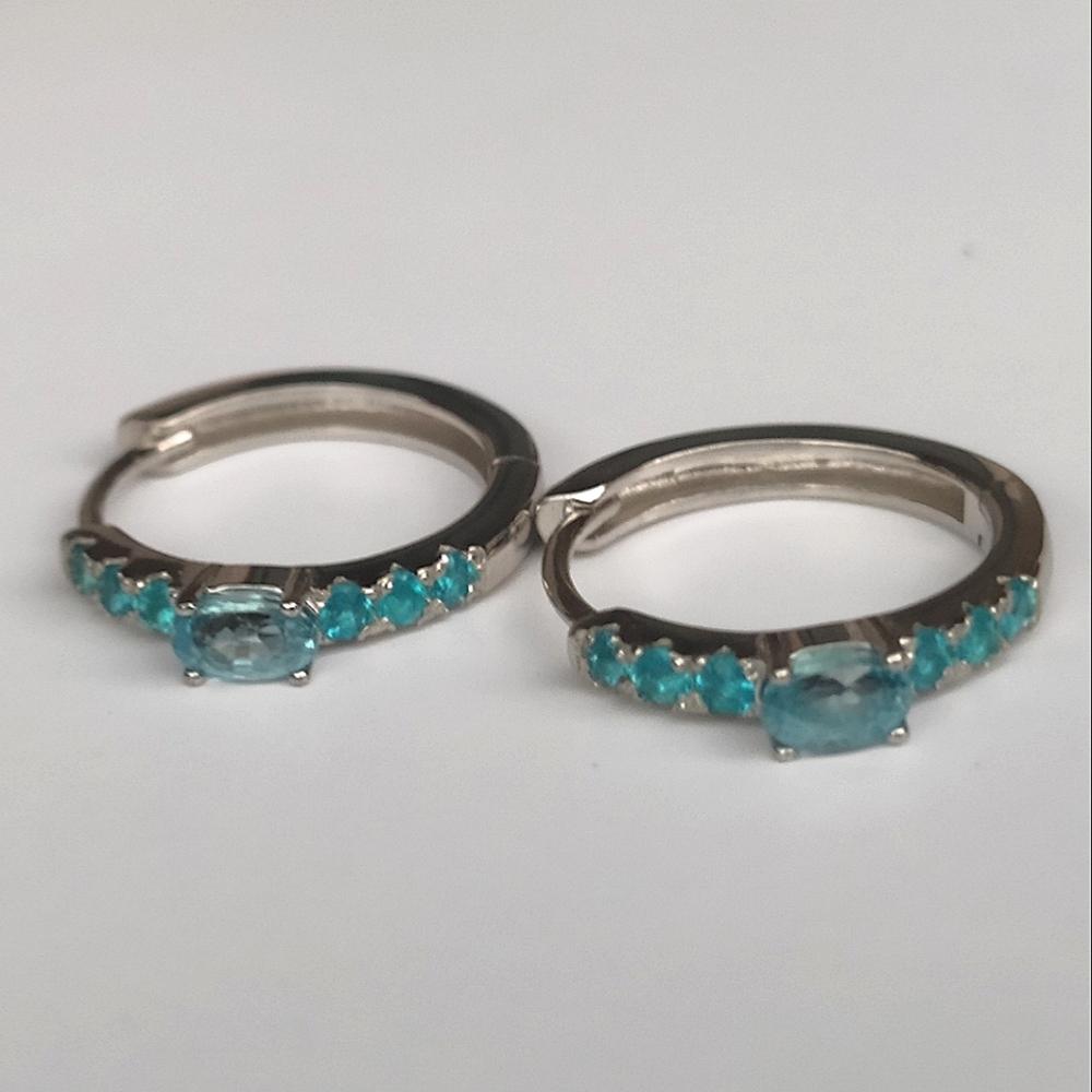 NATURAL Blue Zircon And Apatite 925 Sterling Silver Earrings Hoops - Picture 7 of 13